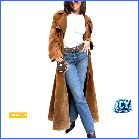 Jackets & Blazers - Faux Suede Long Trench Pea Coat with Belt Notched Lapel Double Breasted